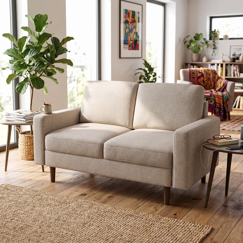 Beige two-seat loveseat with removable cushions, squared arms, and tapered wooden legs