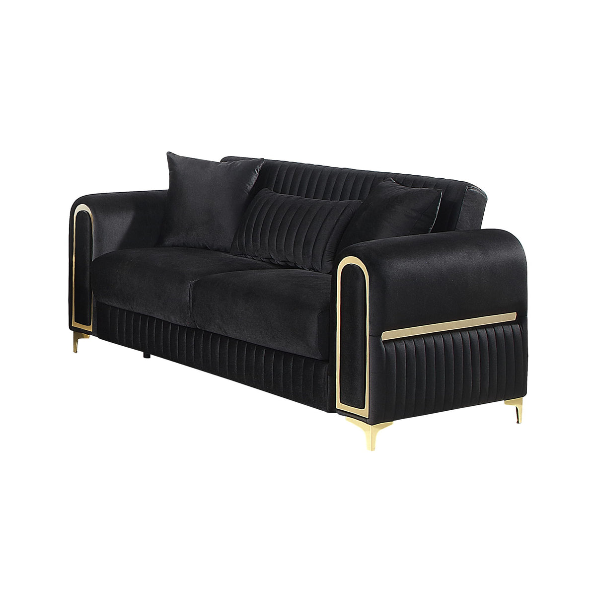 Black velvet loveseat with ribbed arm panels, gold-trimmed edges, and tapered legs.