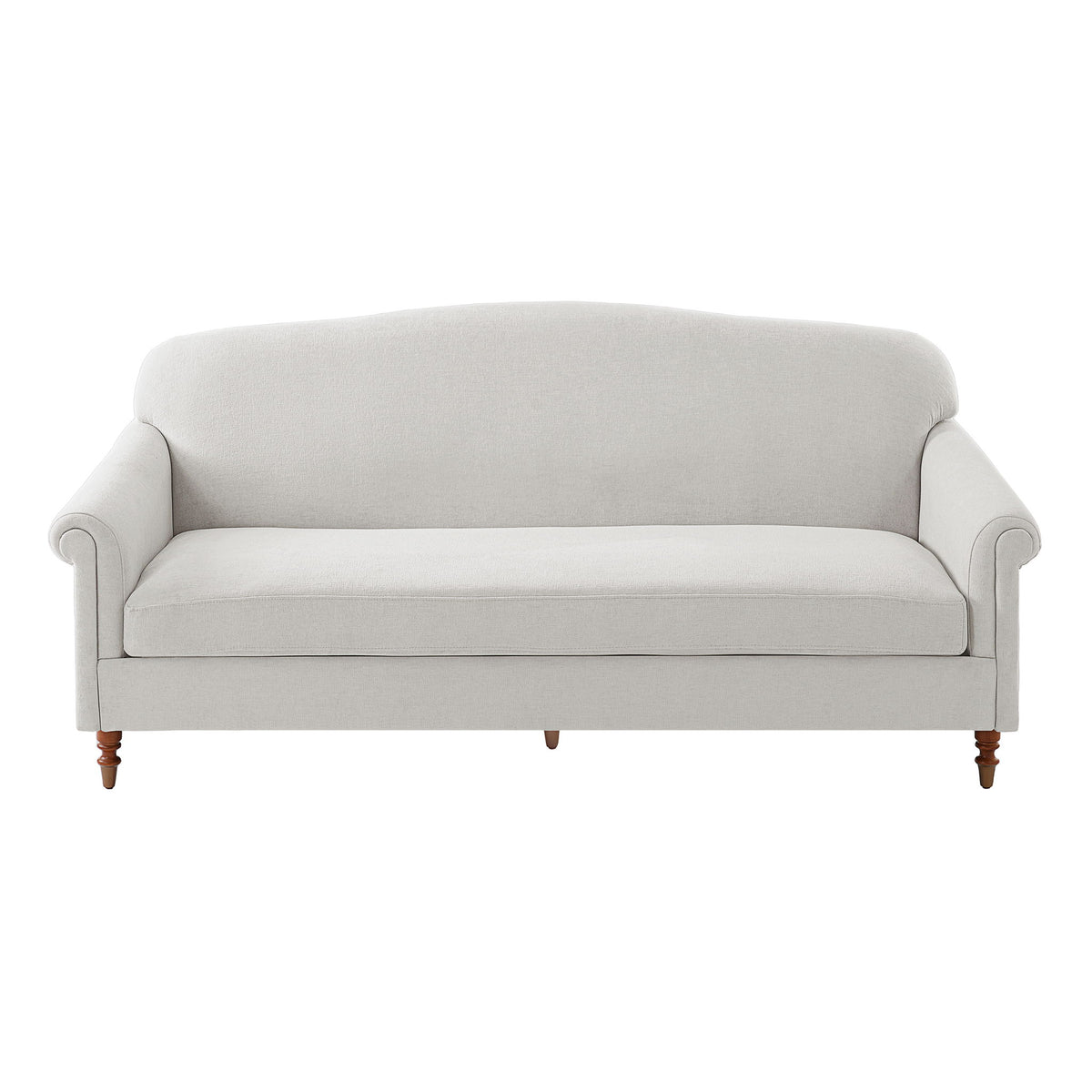 Light beige upholstered 2-seat loveseat sofa with rolled arms and tapered wood legs
