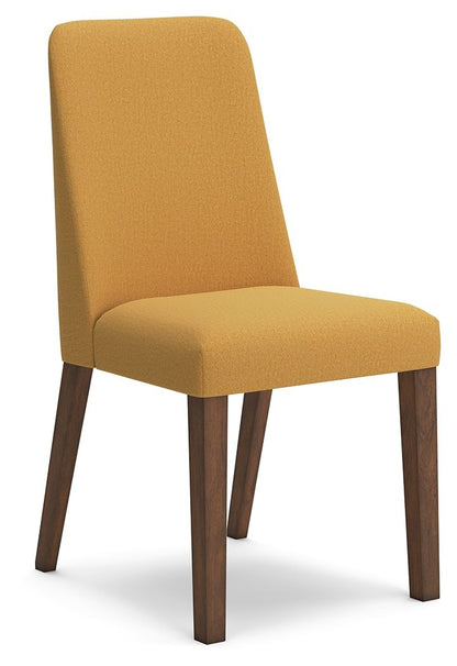 Mustard yellow upholstered dining side chair with tall back and wooden legs