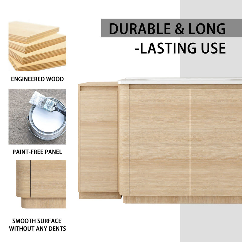 Light brown bathroom vanity with four front panels and two side storage cabinets