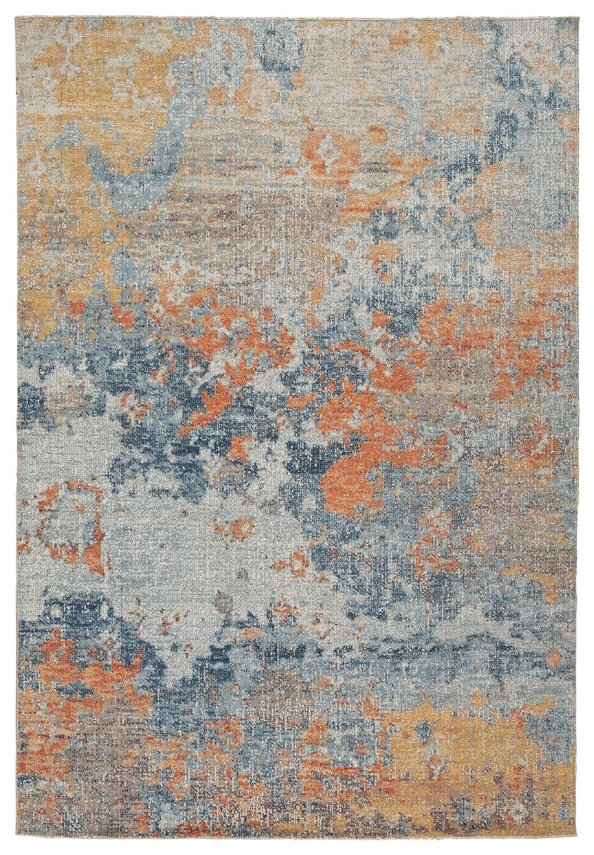 Greige abstract area rug with blue and orange mottled pattern, distressed texture