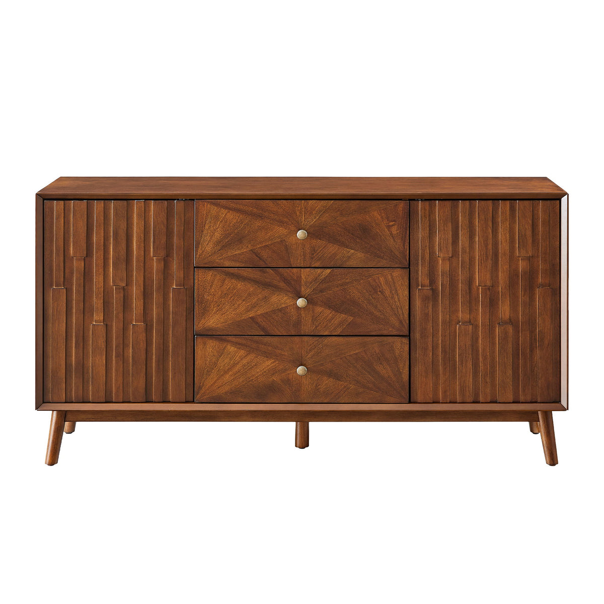 Walnut sideboard buffet cabinet with three drawers, two paneled doors, and tapered legs