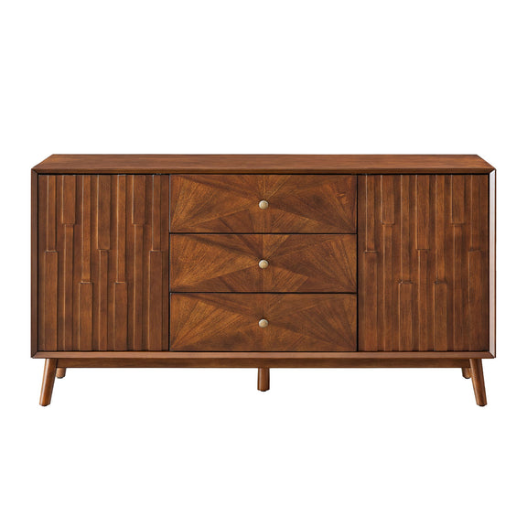 Walnut sideboard buffet cabinet with three drawers, two paneled doors, and tapered legs