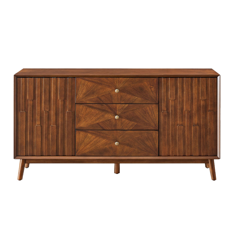 Walnut sideboard buffet cabinet with three drawers, two paneled doors, and tapered legs