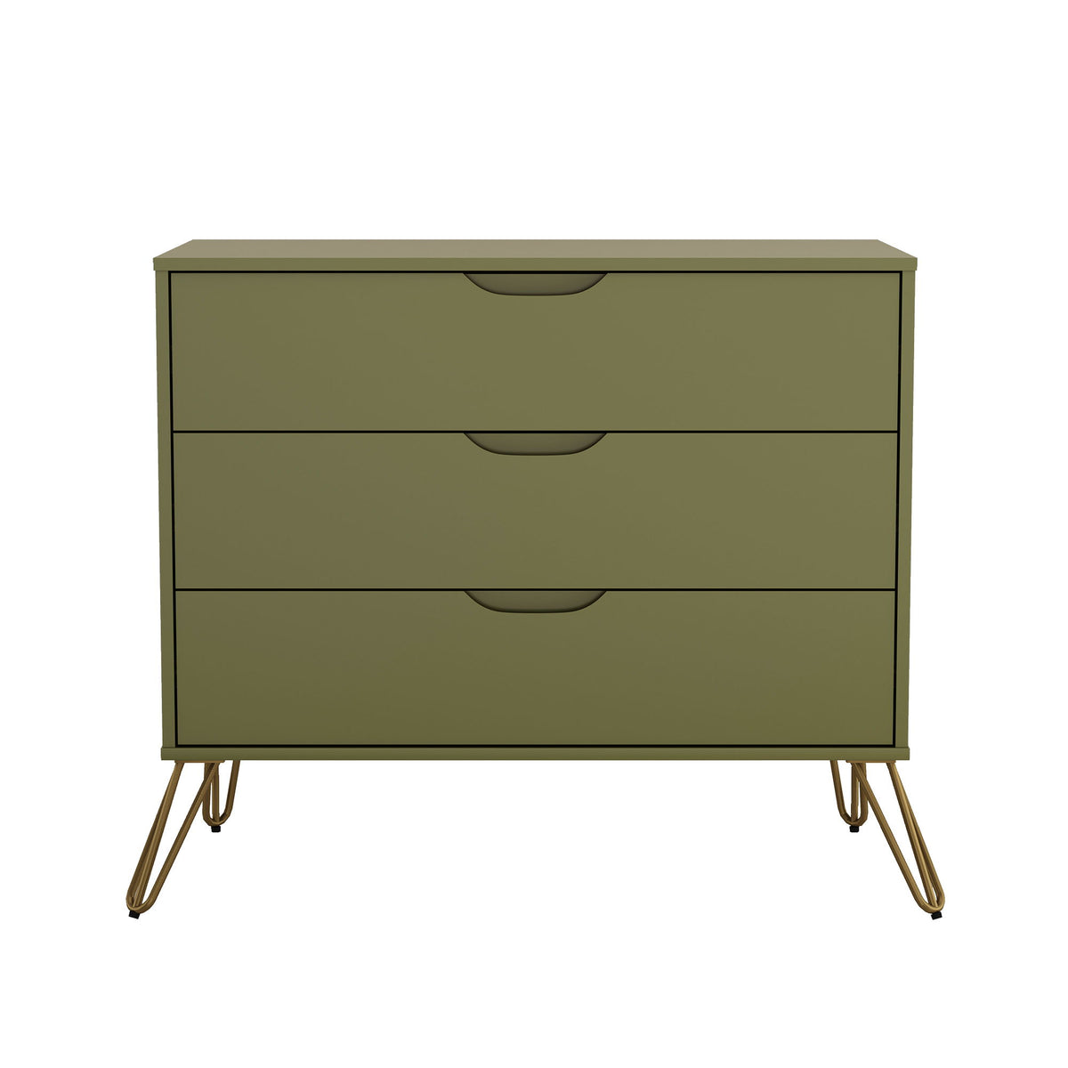 Dark green dresser with three drawers and copper-toned legs
