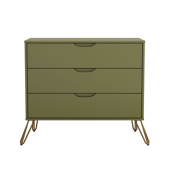 Dark green dresser with three drawers and copper-toned legs