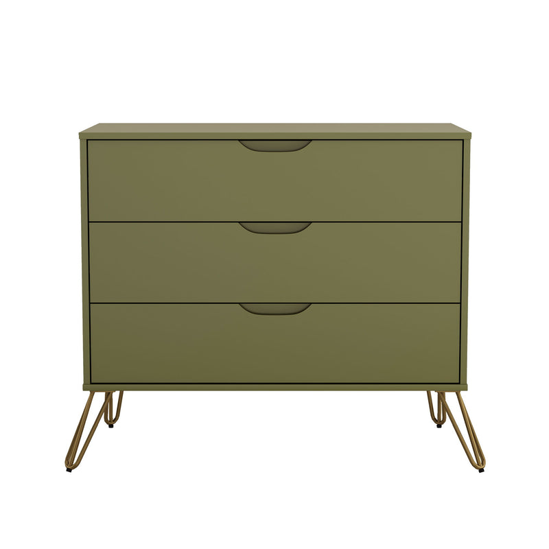 Dark green dresser with three drawers and copper-toned legs