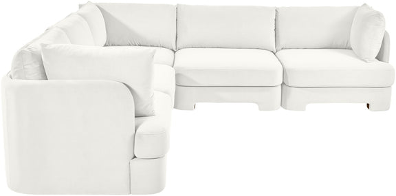 White velvet corner sectional sofa, 5-piece set with modular chaise and thick cushions.