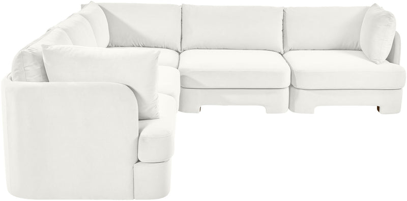 White velvet corner sectional sofa, 5-piece set with modular chaise and thick cushions.