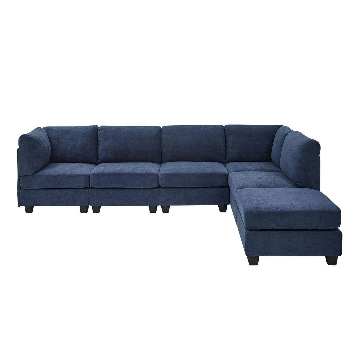 Blue modular sectional sofa with chaise and padded armrests