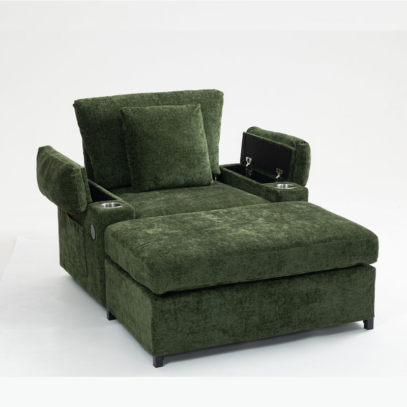 Chenille Fabric Sofa Bed With Cupholders And USB Charging Ports Chair For Living Room