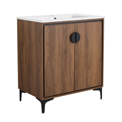 Dark brown bathroom vanity cabinet with white countertop sink, two doors, round black handle