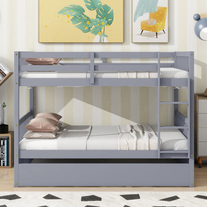 Full Over Full Rubber Wood Bunk Bed with Trundle, Ladder and Guardrails, Convertible to 2 Full Size Beds, with Twin Size Trundle, Grey