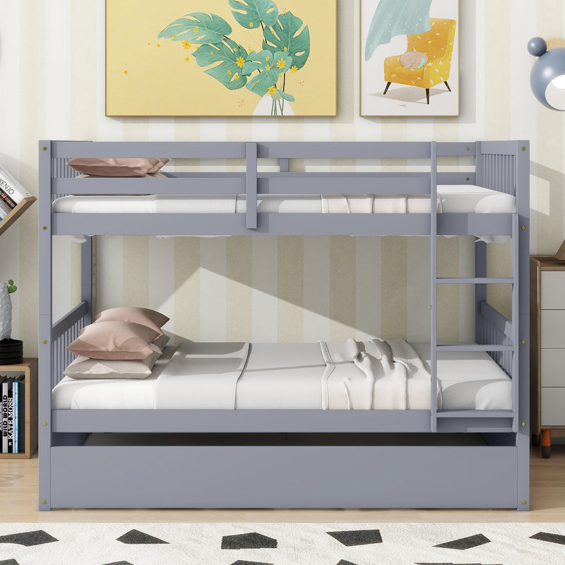 Full Over Full Rubber Wood Bunk Bed with Trundle, Ladder and Guardrails, Convertible to 2 Full Size Beds, with Twin Size Trundle, Grey