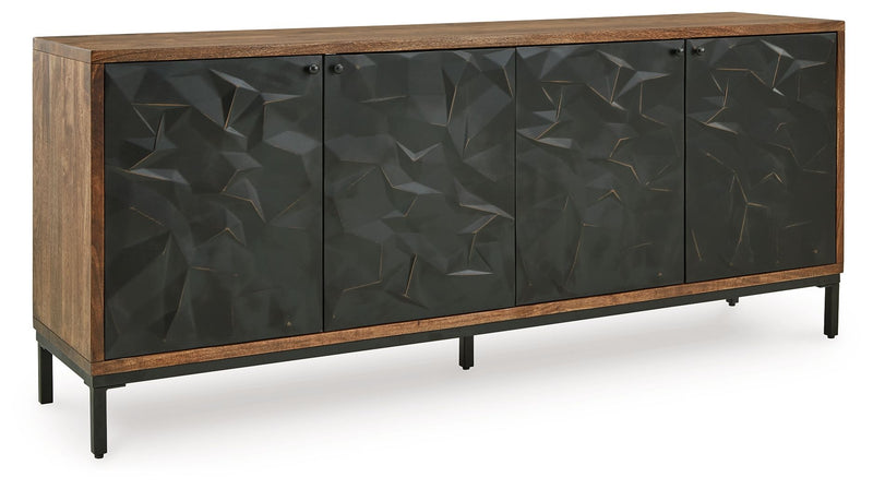 Accent cabinet with black geometric paneled doors and brown wood top, four metal legs