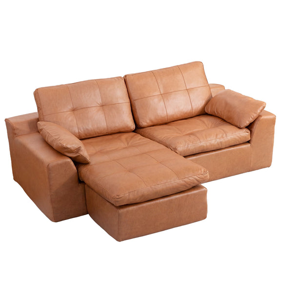 L-shaped 2-seater sofa with movable ottoman, orange-brown fabric cushions.