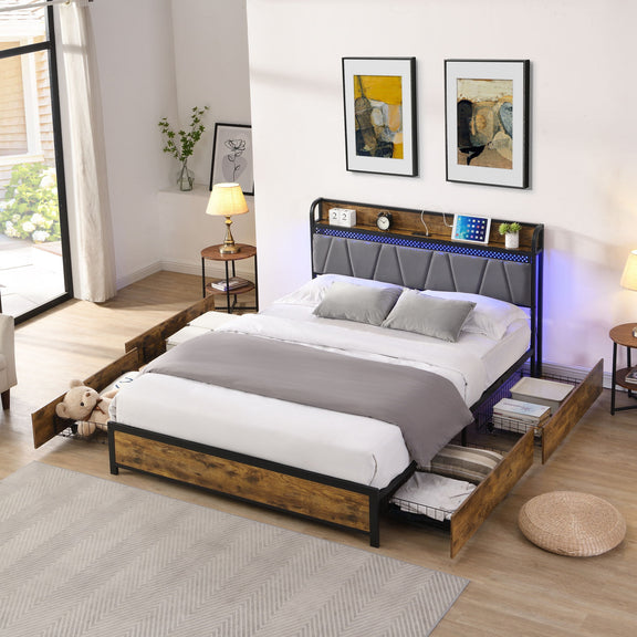 Upholstered bed frame with blue-lit headboard and two storage drawers, dark wood rails