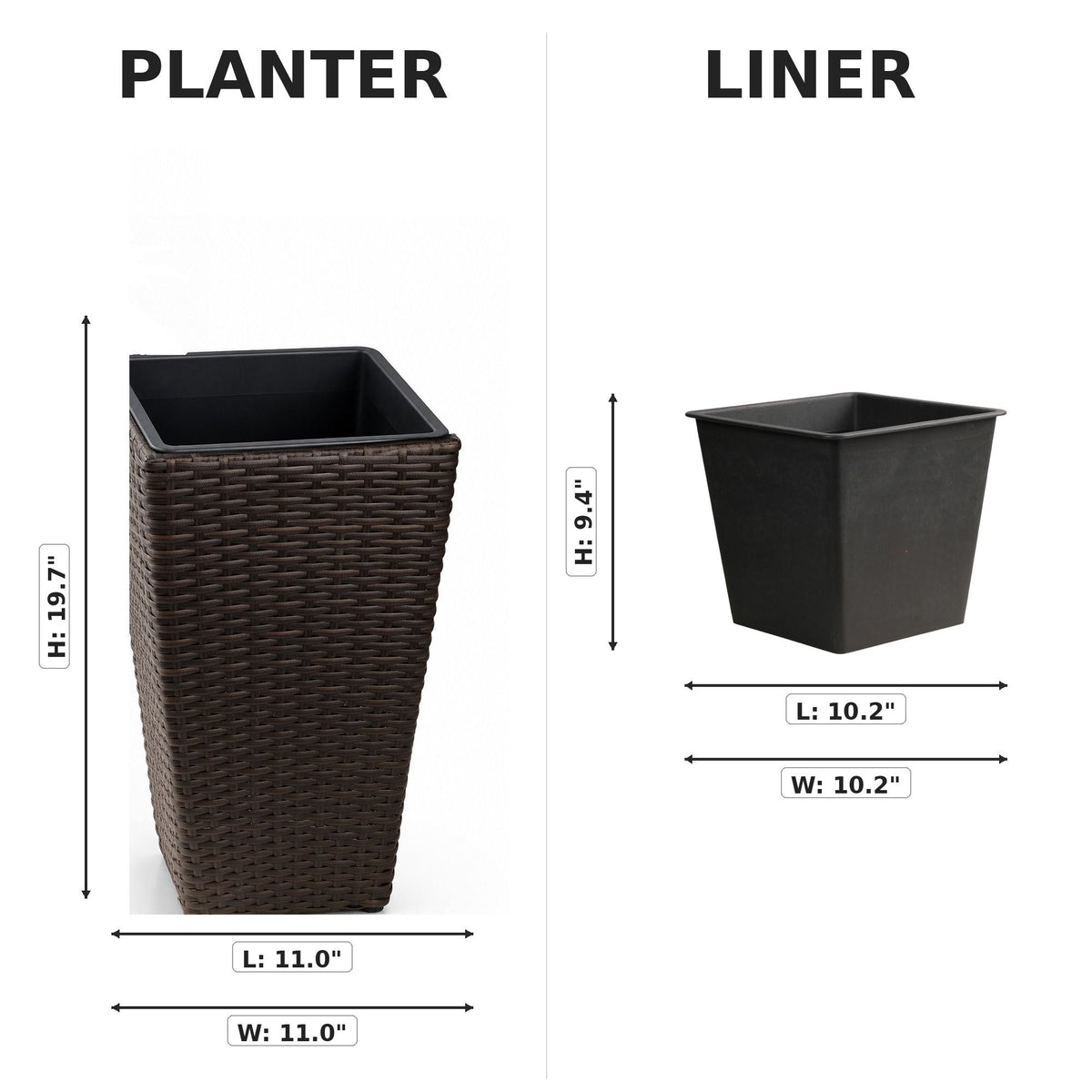 Brown woven planter and removable liner with dimensions shown