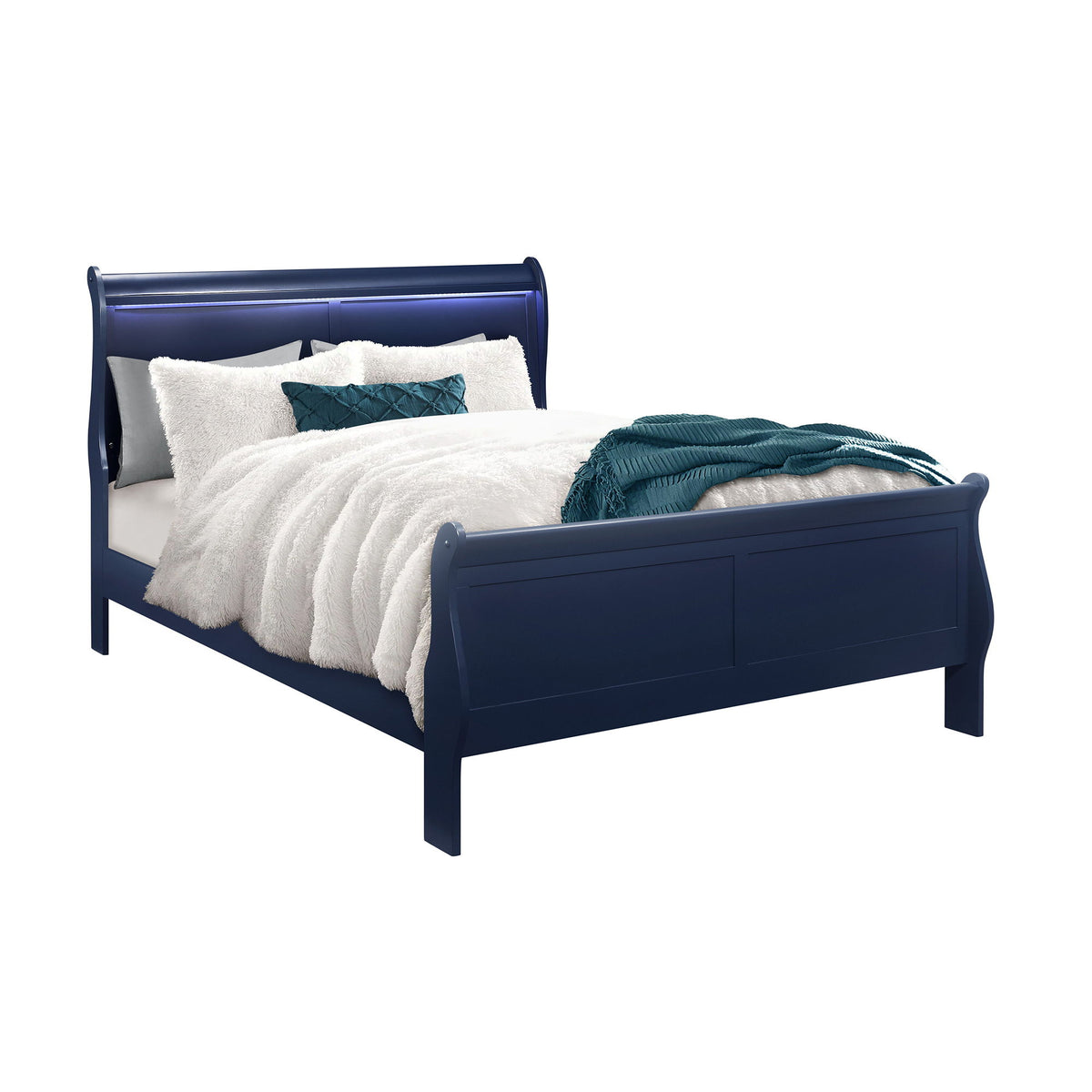 Dark blue bed frame with LED headboard, white bedding, and teal throw blanket