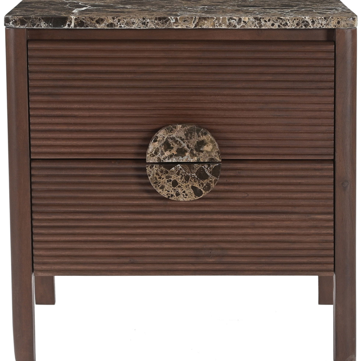 Dark brown acacia wood nightstand with two drawers, speckled stone top, and round pulls