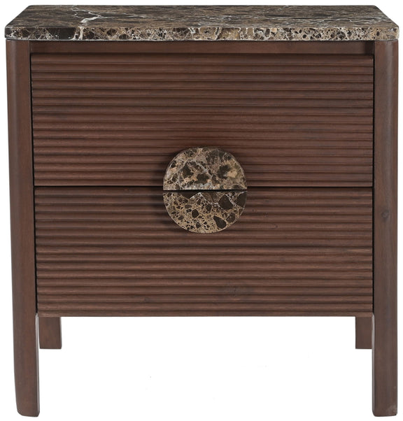 Dark brown acacia wood nightstand with two drawers, speckled stone top, and round pulls