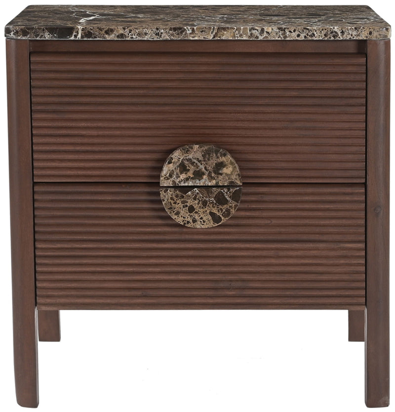 Dark brown acacia wood nightstand with two drawers, speckled stone top, and round pulls