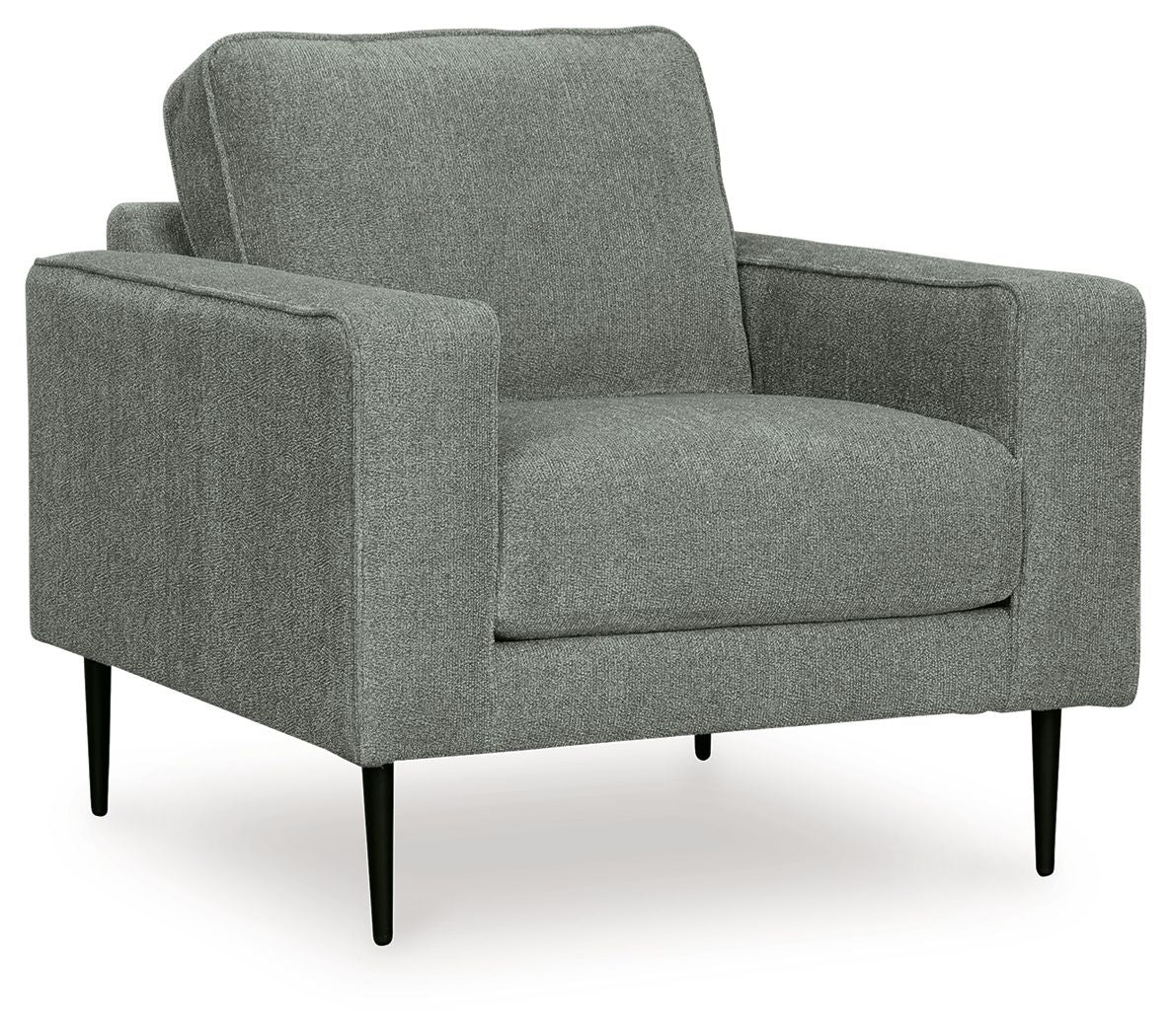 Charcoal upholstered accent chair with rounded back, armrests, and tapered dark legs