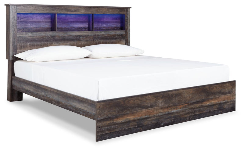 Panel bookcase bed with open-shelf headboard, dark wood frame, white mattress and pillows