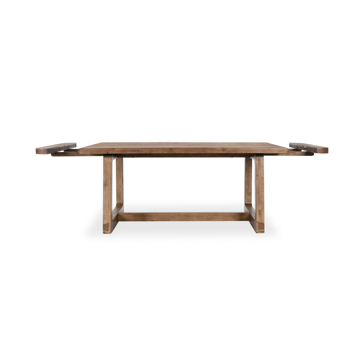 Smoke-brown dining table with extensions extended and hinge hardware, side view