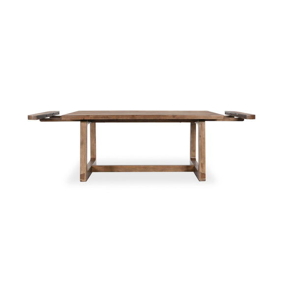 Smoke-brown dining table with extensions extended and hinge hardware, side view
