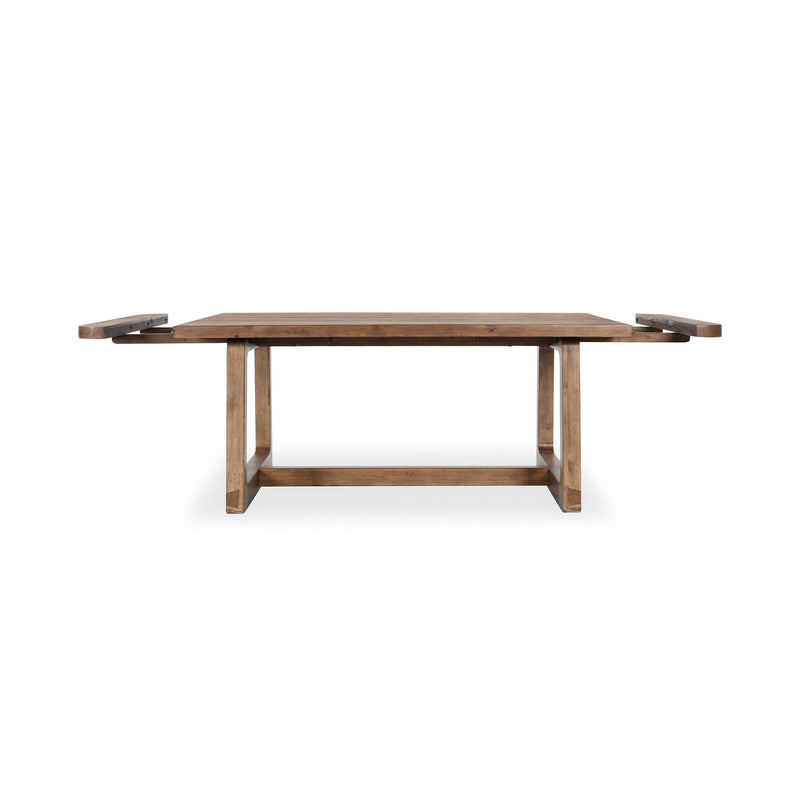 Smoke-brown dining table with extensions extended and hinge hardware, side view
