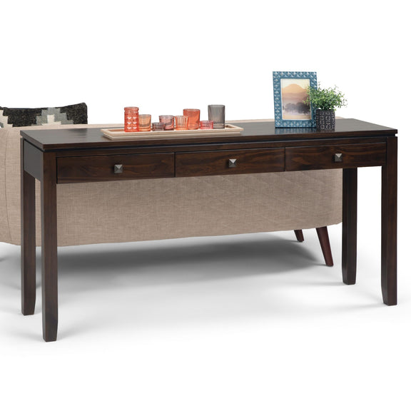 Mahogany brown console sofa table with three drawers and a wide tabletop