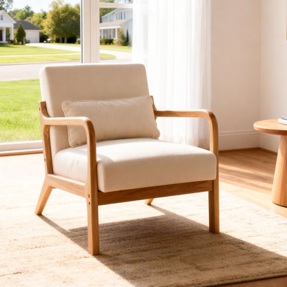 Mid Century Modern Armchair, Accent Chair with Solid Wood Frame and Detachable Lumbar Pillow for Living Room, Bedroom, Office(Beige)Chair Frame with a Nature Finish, Mid-Century Modern