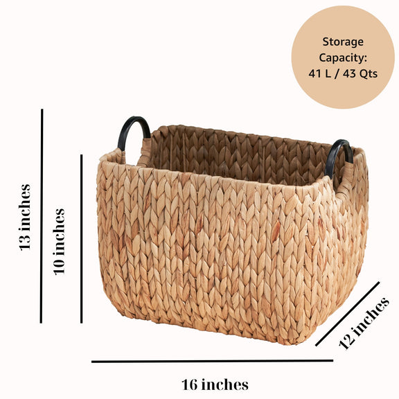 Rectangular woven basket with black handles, 16 by 12 inches and 13 inches tall.