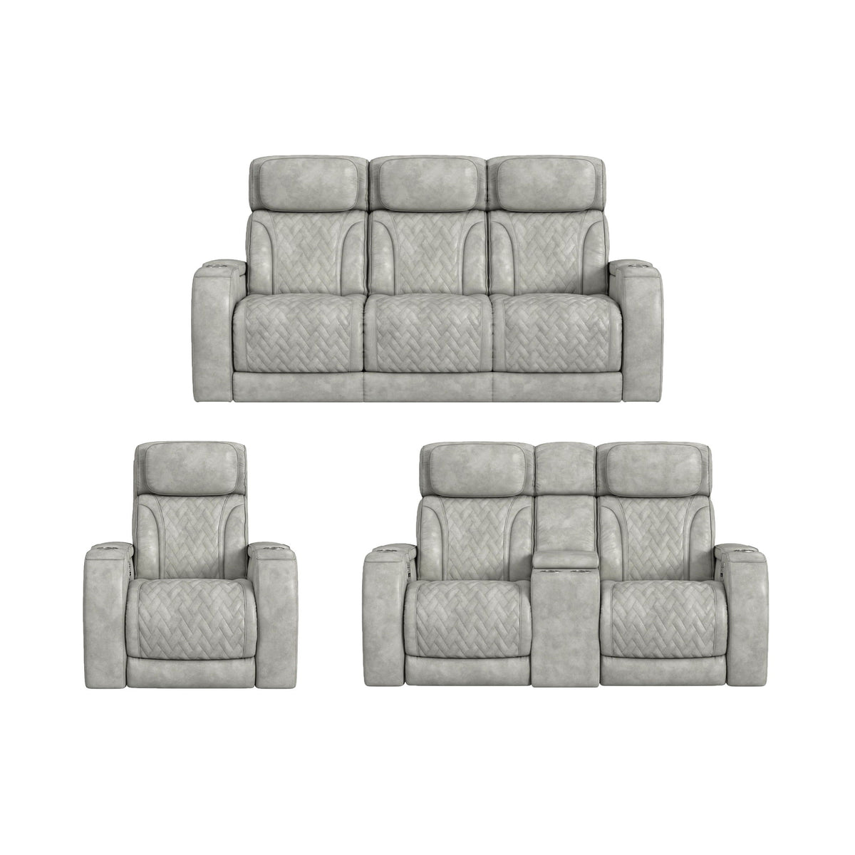 Light gray sofa set layout with sofa and two matching reclining chairs