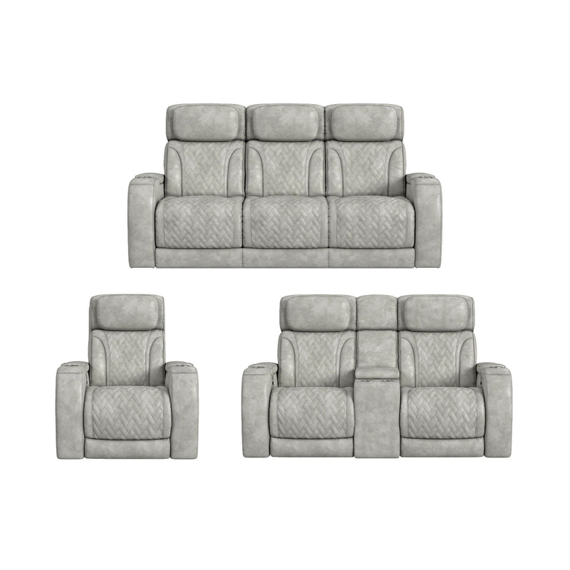 Light gray sofa set layout with sofa and two matching reclining chairs