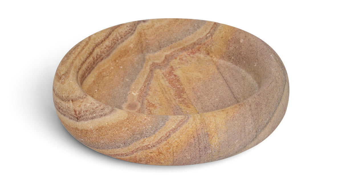 Sandstone tray in sand and tan with swirling marbled patterns, round shallow dish