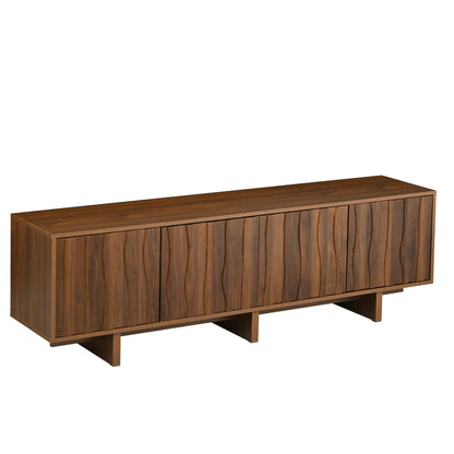 Dark brown TV stand with wavy door front panels and angled wooden legs