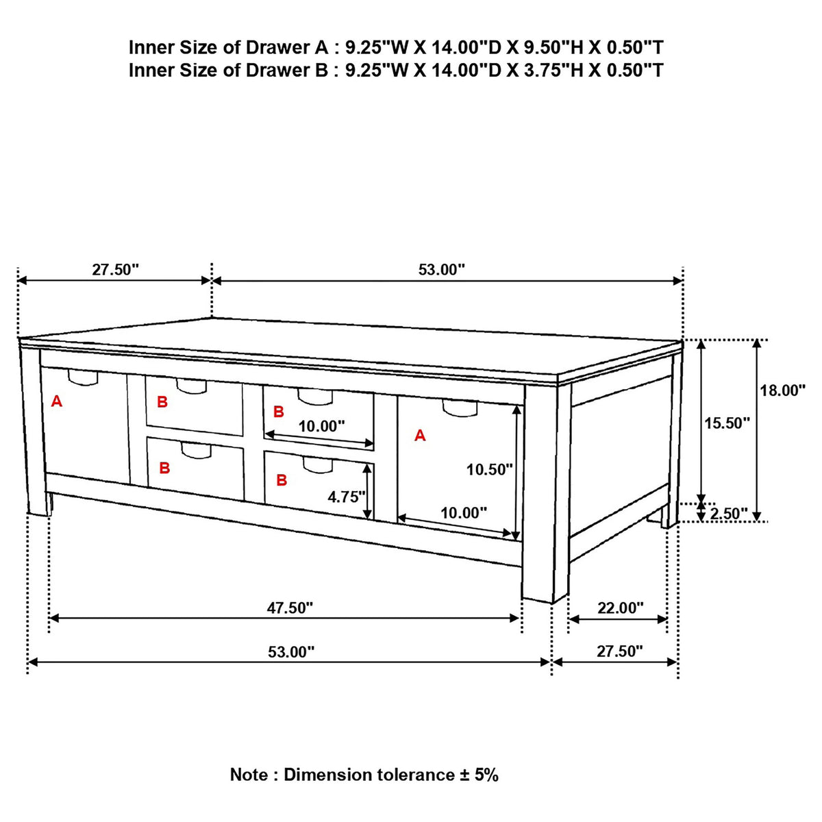 Coffee table size diagram showing drawer sections and measurements