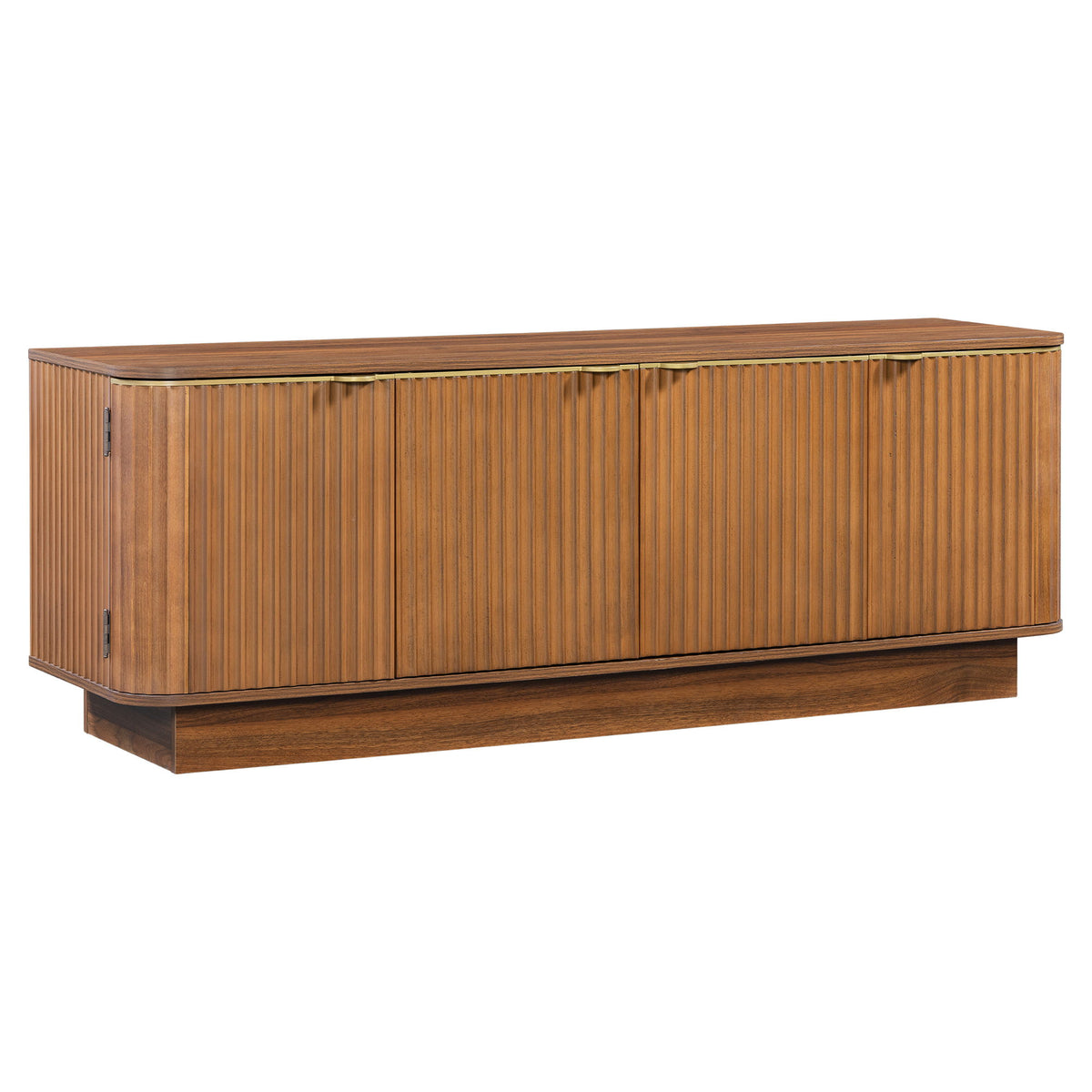 Light brown ribbed TV console cabinet with two doors and slim gold handles