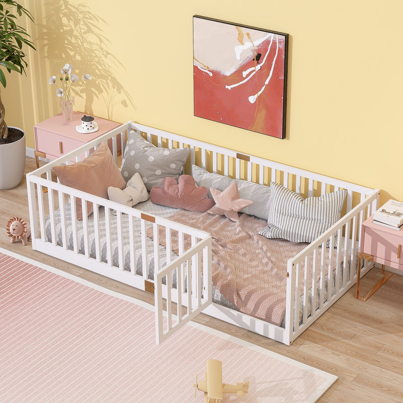 Twin Size Floor Bed with High Fence Railings, with Door, Rubber Wood Floor Bed with Safety Guardrails, White