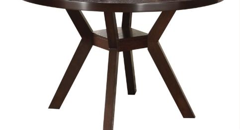 Espresso dining table base with four angled legs under round tabletop