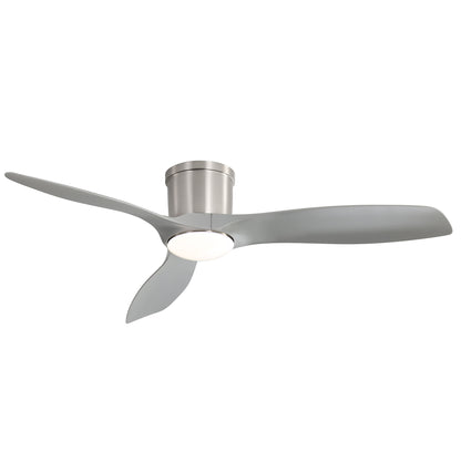 Pearl silver flush-mount ceiling fan with 3 gray blades and frosted LED light