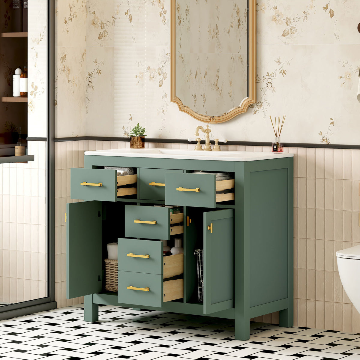 Dark green bathroom vanity with sink, open drawers and doors revealing wood-tone drawer interiors