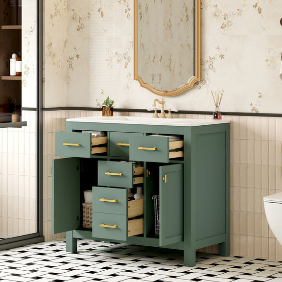 Dark green bathroom vanity with sink, open drawers and doors revealing wood-tone drawer interiors