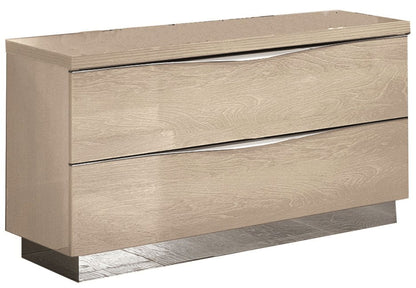 Beige wood nightstand with two drawers and slim silver bar pulls