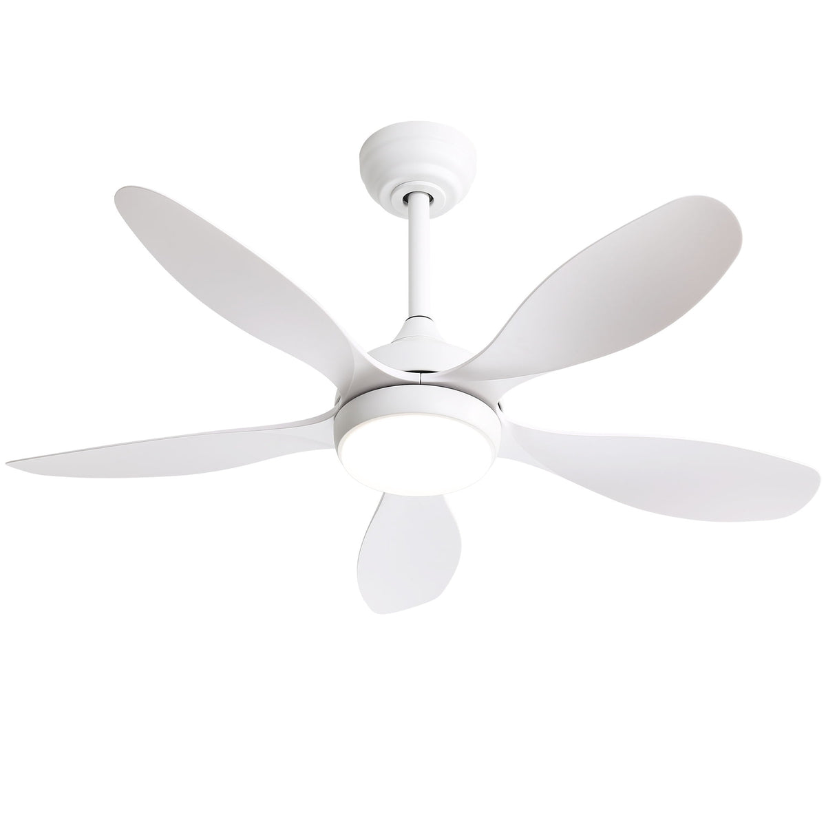White ceiling fan with five light blades and flush-mounted LED light