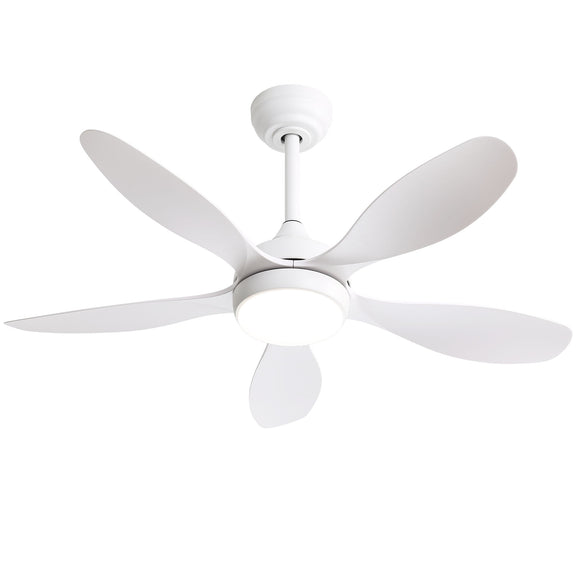 White ceiling fan with five light blades and flush-mounted LED light