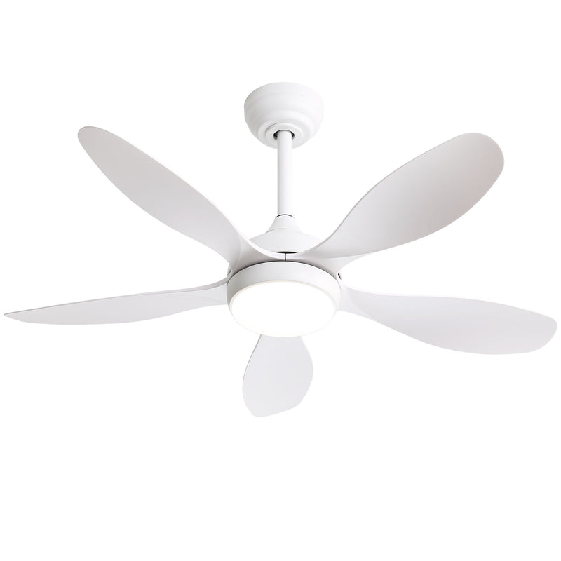 White ceiling fan with five light blades and flush-mounted LED light